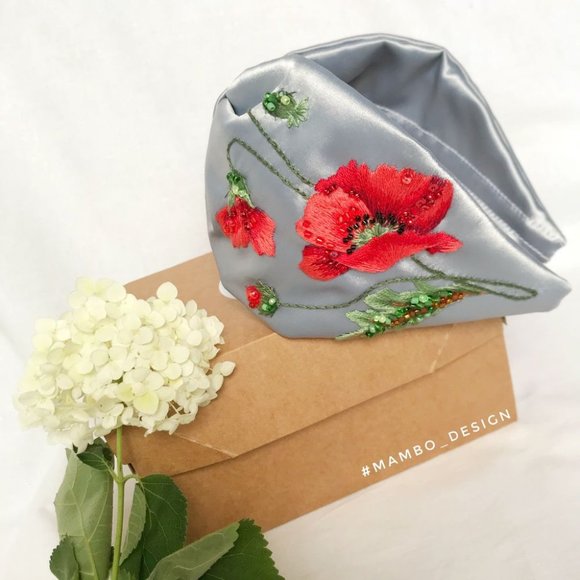 Poppy Flower Embroidery beaded Red Gray headband Hair Bangle Band Hoop Wreath